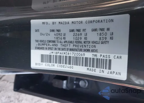 2024 Mazda Mazda3 2.5 S Select Sport from USA, damaged, VIN JM1BPAKM5R1720069